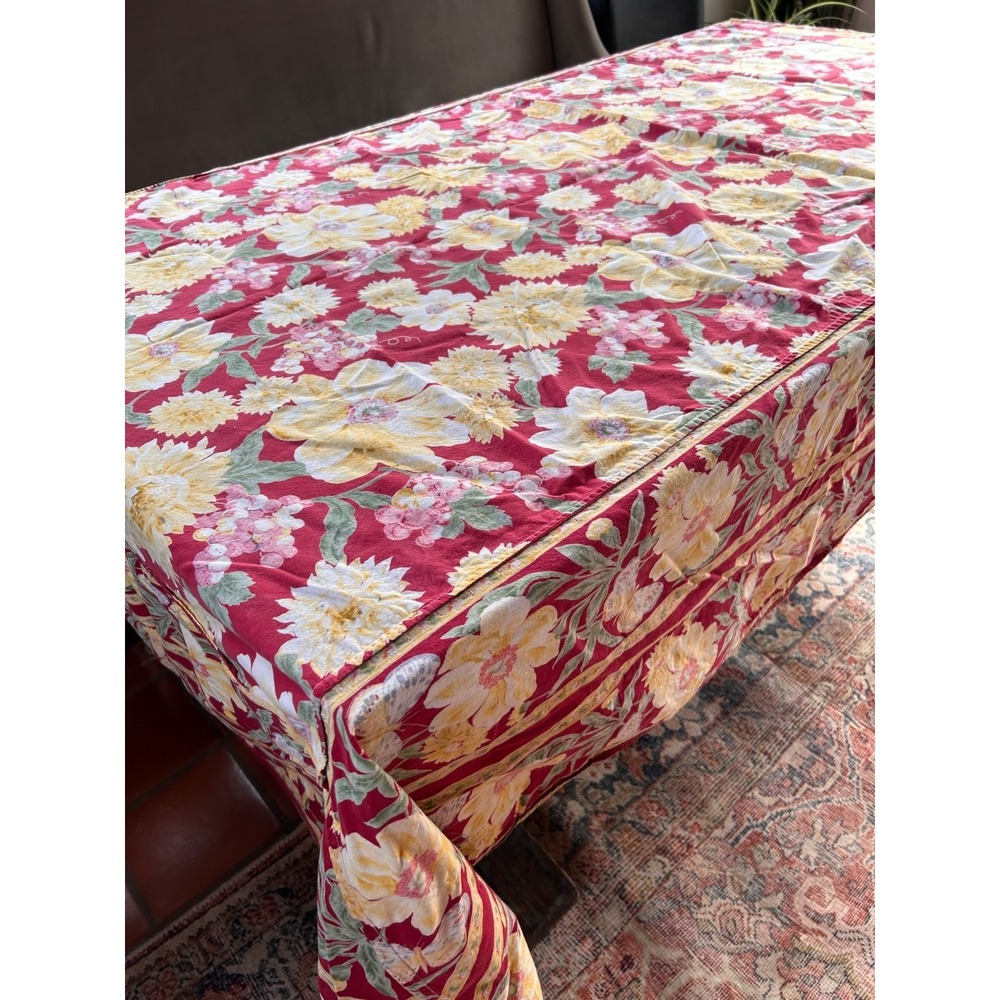Vintage April Cornell Floral Butterfly Red Rectangle Tablecloth 64" X 98" - Picture 12 of 13
